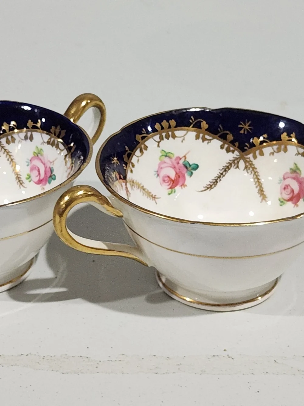 Antique Grosvenor China Bouillon Cups Pair Cobalt Blue Gold Rose 1920s Jackson G